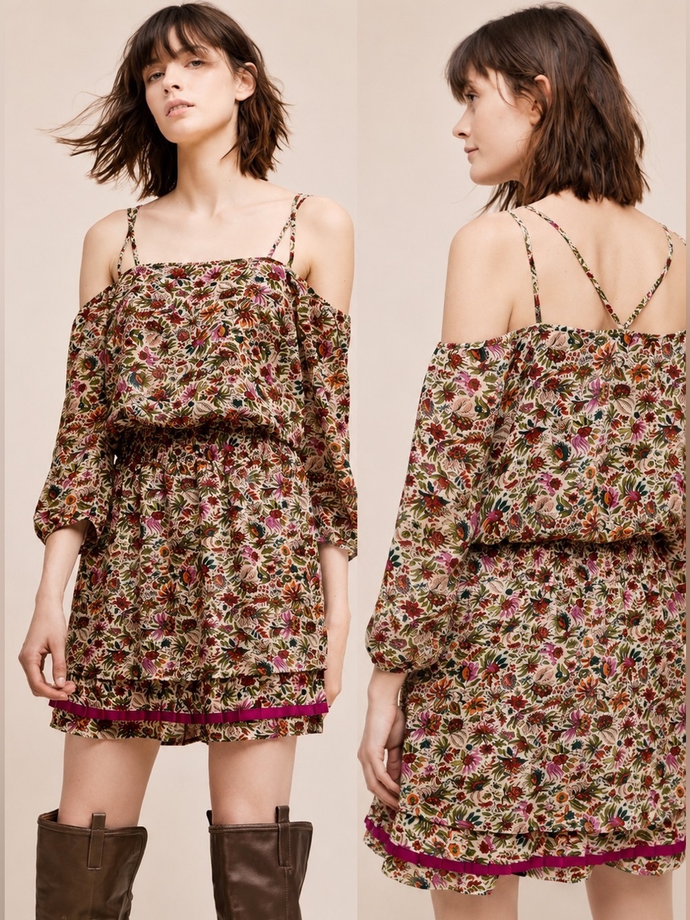 Anthropologie Floreat Mini Dress Floral Pleated Layered Ruffle Cottage 00P